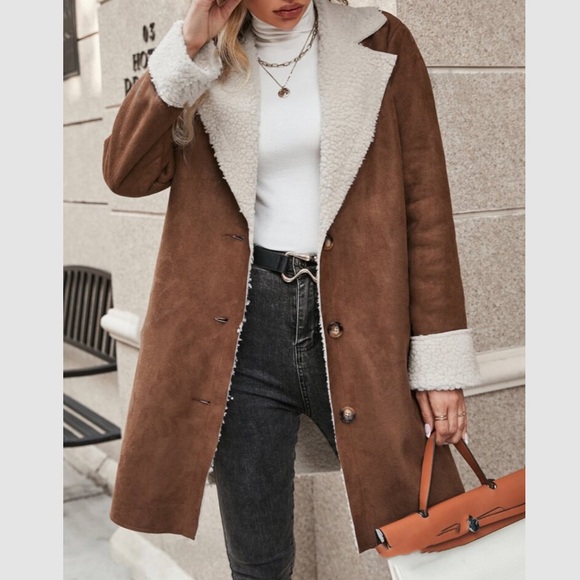 Cozy Camel Tan Sherpa Lined Vegan Suede Jacket Coat - Picture 3 of 6